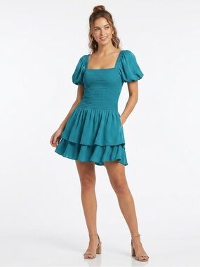Parker Silk Smocked Mini Dress Teal Puff Sleeve Ruffle S Small NWOT